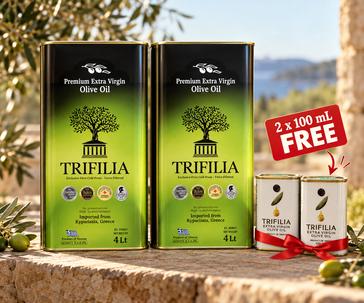 Pantry Stock-Up Bundle: two 4L tins and two 100ml tins of Trifilia Extra Virgin Olive Oil